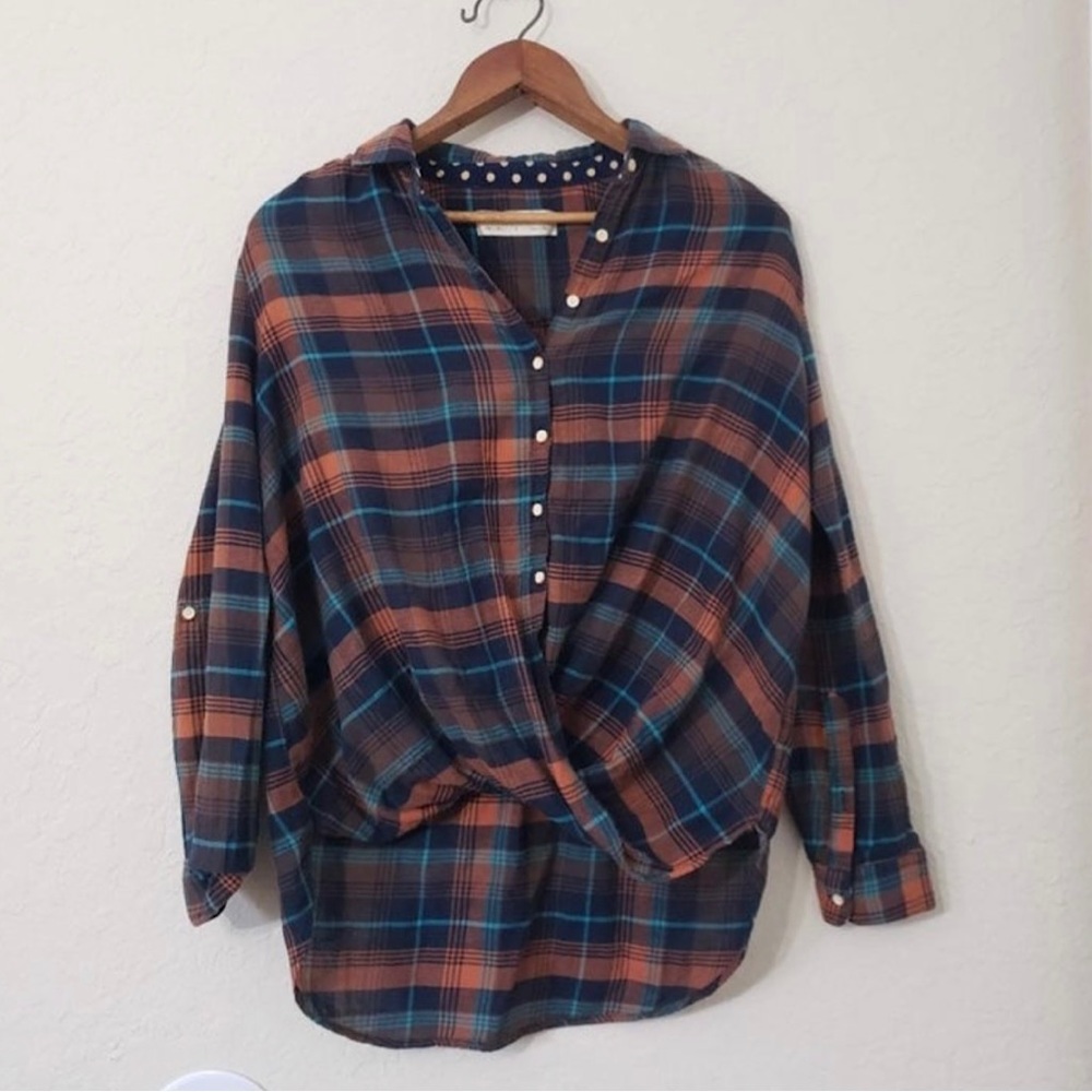 Anthropologie Plaid Top with Polka Dot Contrast